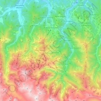 Mapa topográfico Frabosa Soprana, altitud, relieve