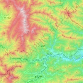Mapa topográfico Ōtsuki, altitud, relieve