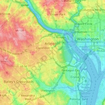 Mapa topográfico Arlington, altitud, relieve