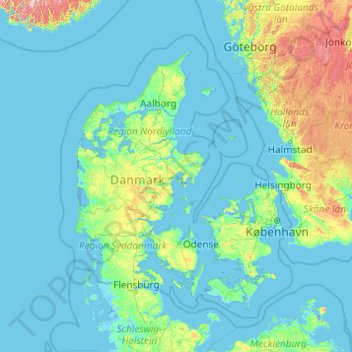 Mapa topográfico Dänemark, altitud, relieve