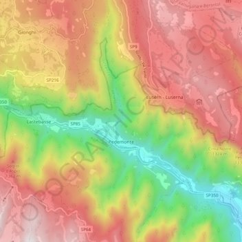 Mapa topográfico Pedemonte, altitud, relieve
