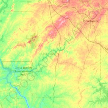 Mapa topográfico Coosa County, altitud, relieve