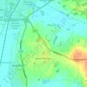 Mapa topográfico North Runcton, altitud, relieve