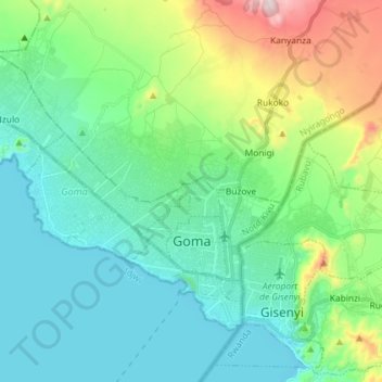 Mapa topográfico Goma, altitud, relieve