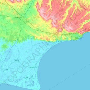 Mapa topográfico Folkestone and Hythe District, altitud, relieve