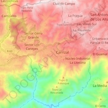 Mapa topográfico Municipio Carrizal, altitud, relieve
