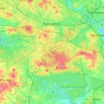 Mapa topográfico Katowice, altitud, relieve