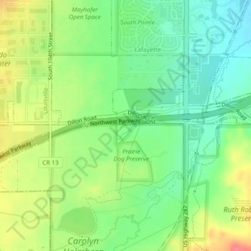 Mapa topográfico City and County of Broomfield, altitud, relieve