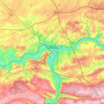Mapa topográfico Namur, altitud, relieve