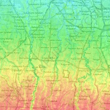 Mapa topográfico South Jakarta, altitud, relieve