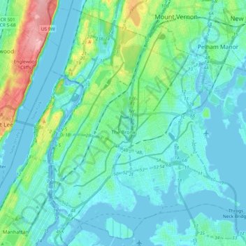 Mapa topográfico The Bronx, altitud, relieve