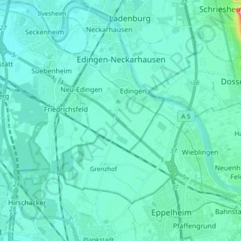 Mapa topográfico Edingen-Neckarhausen, altitud, relieve