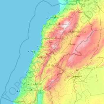 Mapa topográfico Líbano, altitud, relieve