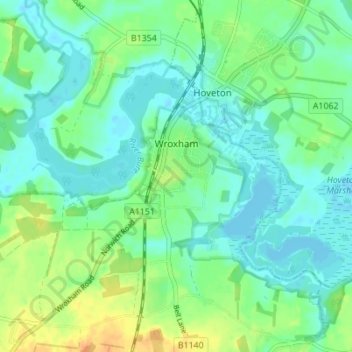 Mapa topográfico Wroxham, altitud, relieve