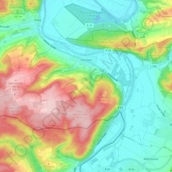 Mapa topográfico Heinsen, altitud, relieve