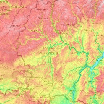 Mapa topográfico Luxemburgo, altitud, relieve