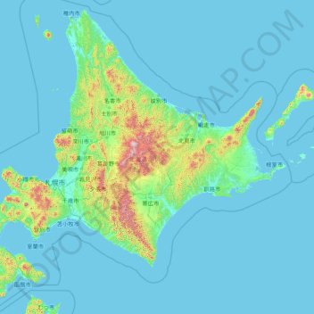 Mapa topográfico 北海道, altitud, relieve