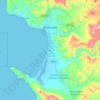 Mapa topográfico Ensenada, altitud, relieve