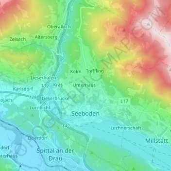 Mapa topográfico Seeboden am Millstätter See, altitud, relieve