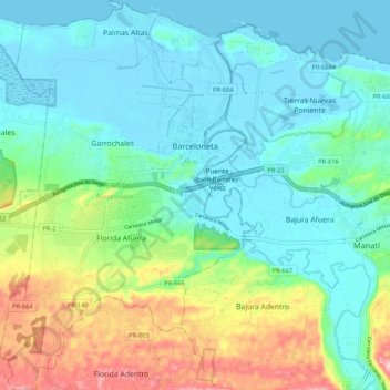 Mapa topográfico Barceloneta, altitud, relieve