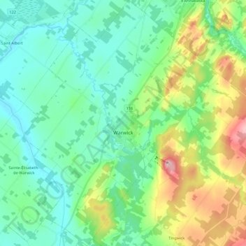 Mapa topográfico Warwick, altitud, relieve