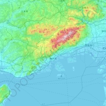Mapa topográfico 神戸市, altitud, relieve