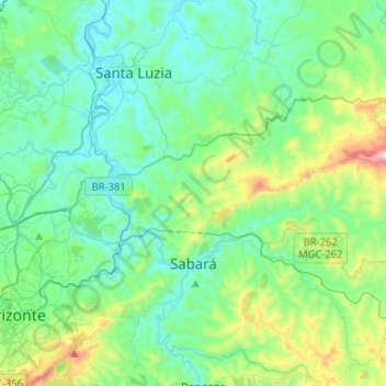 Mapa topográfico Sabará, altitud, relieve