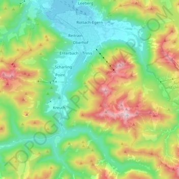 Mapa topográfico Rottach-Egern, altitud, relieve