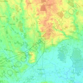 Mapa topográfico Sulingen, altitud, relieve