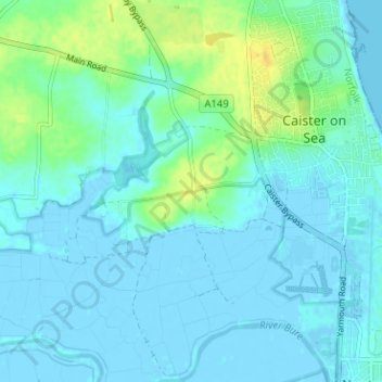 Mapa topográfico West Caister, altitud, relieve