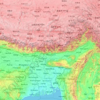 Mapa topográfico Brahmaputra, altitud, relieve