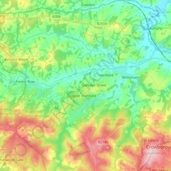 Mapa topográfico Hartfield, altitud, relieve