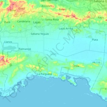 Mapa topográfico Lajas, altitud, relieve