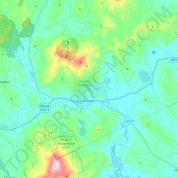 Mapa topográfico Andover, altitud, relieve