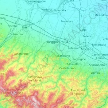 Mapa topográfico Reggio nell'Emilia, altitud, relieve
