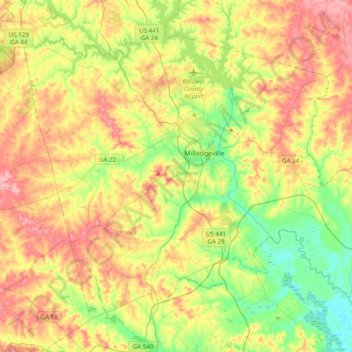 Mapa topográfico Baldwin County, altitud, relieve