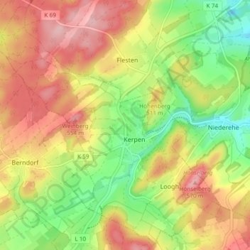 Mapa topográfico Kerpen (Eifel), altitud, relieve