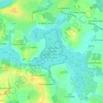 Mapa topográfico Réserve naturelle de la tourbière de Logné, altitud, relieve