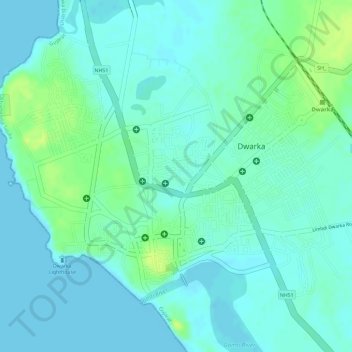 Mapa topográfico Devbhumi Dwarka, altitud, relieve