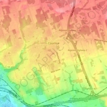 Mapa topográfico Courtice, altitud, relieve