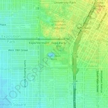 Mapa topográfico Exposition Park, altitud, relieve