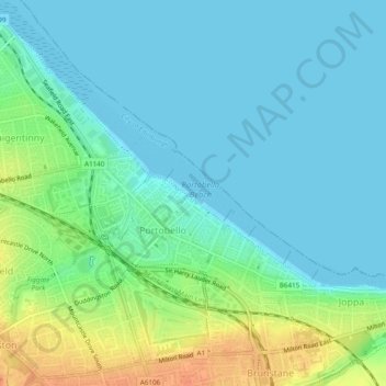 Mapa topográfico Portobello Beach, altitud, relieve