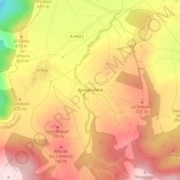 Mapa topográfico Apreguíndana, altitud, relieve