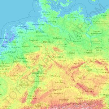 mapa topografico alemania Mapa topográfico Alemania, altitud, relieve