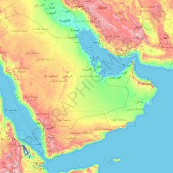 Mapa topográfico Arabia, altitud, relieve